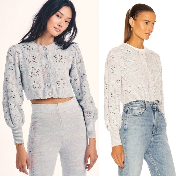 LOVESHACKFANCY Pastel Rainbow Star & Heart Pointelle Cropped Cardigan Sweater L - Picture 9 of 13